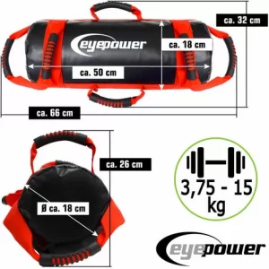 EYEPOWER 15kg Power Bag Mit 4 Kettlebell Gewichten – 18×50 Home Training Sandbag 6 Griffe 15