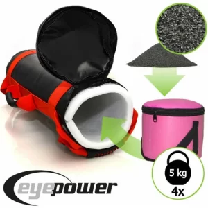 EYEPOWER 20kg Power Bag + 4 Kettlebell Gewichte – Befüllt Mit Eisensand 6 Griffe Fitness 11