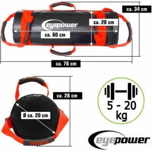 EYEPOWER 20kg Power Bag + 4 Kettlebell Gewichte – Befüllt Mit Eisensand 6 Griffe Fitness 15