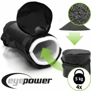 EYEPOWER 20kg Power Bag Mit 4 Kettlebell Gewichten – 20×60 Home Training Sandbag 6 Griffe 9
