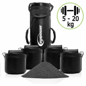 EYEPOWER 20kg Power Bag Mit 4 Kettlebell Gewichten – 20×60 Home Training Sandbag 6 Griffe 11